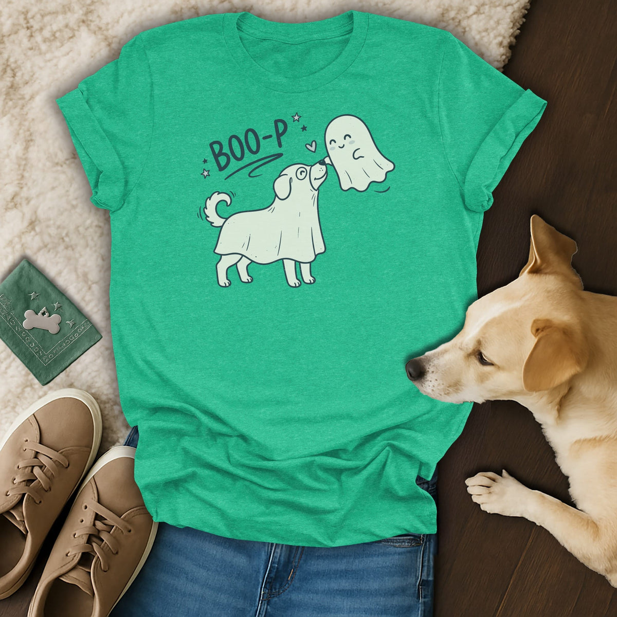 Green t-shirt with a dog dressed as a ghost saying "BOO-P" to a ghost.