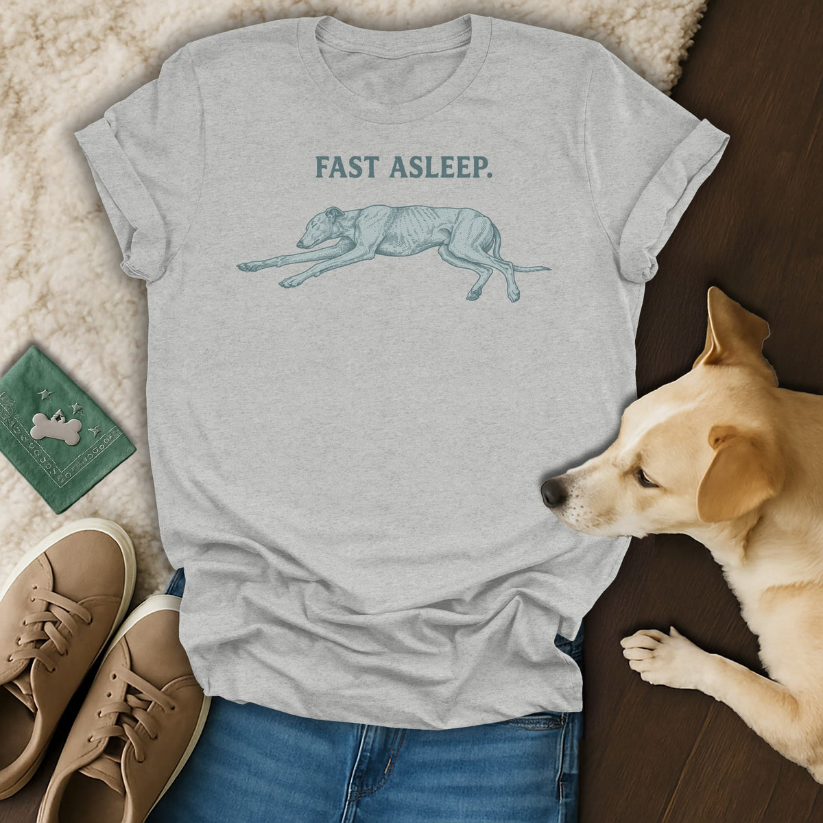 Grey t-shirt with "FAST ASLEEP." text and a drawing of a sleeping dog.