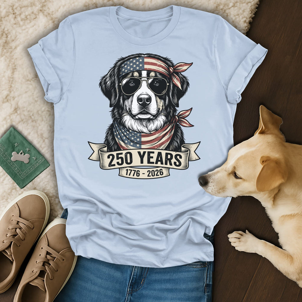 T-shirt with patriotic dog wearing bandana and sunglasses.