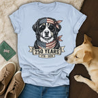 T-shirt with patriotic dog wearing bandana and sunglasses.