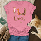 Pink t-shirt with watercolor dogs forming a heart shape and the word "Dogs."