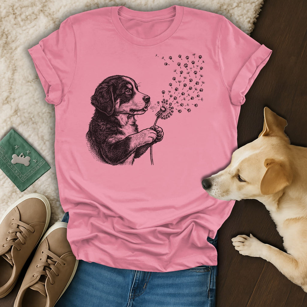 Pink t-shirt with a line drawing of a dog blowing dandelion seeds that turn into paw prints.