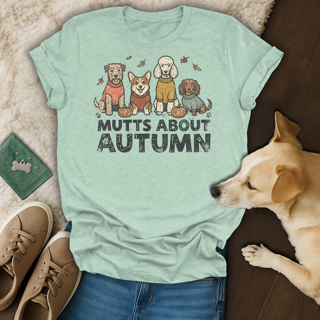 Light teal t-shirt with four dogs and text "MUTTS ABOUT AUTUMN".
