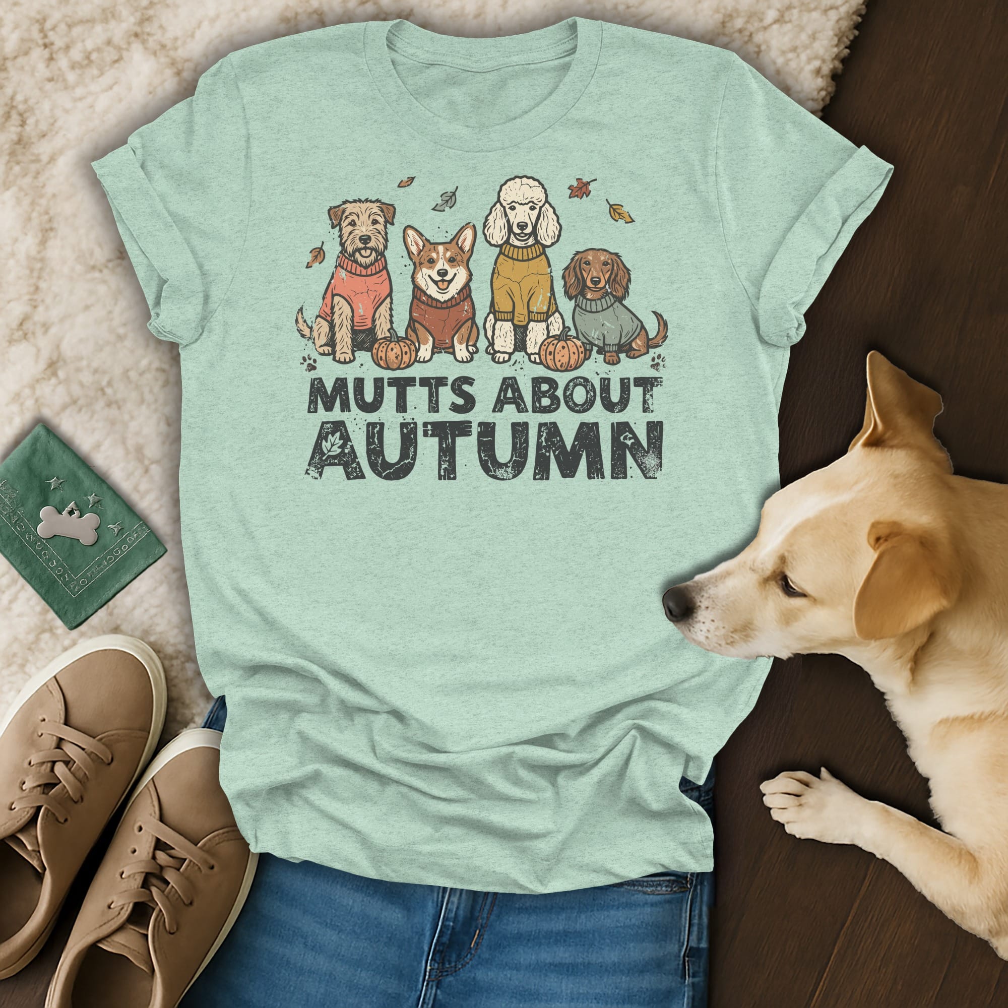 Light teal t-shirt with four dogs and text "MUTTS ABOUT AUTUMN".