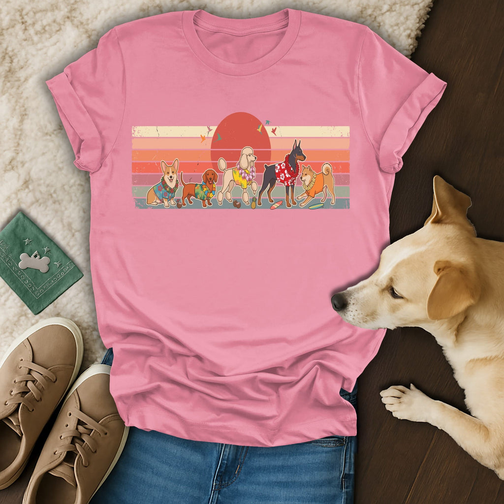 Cartoon dogs in vintage sunset shirt design.