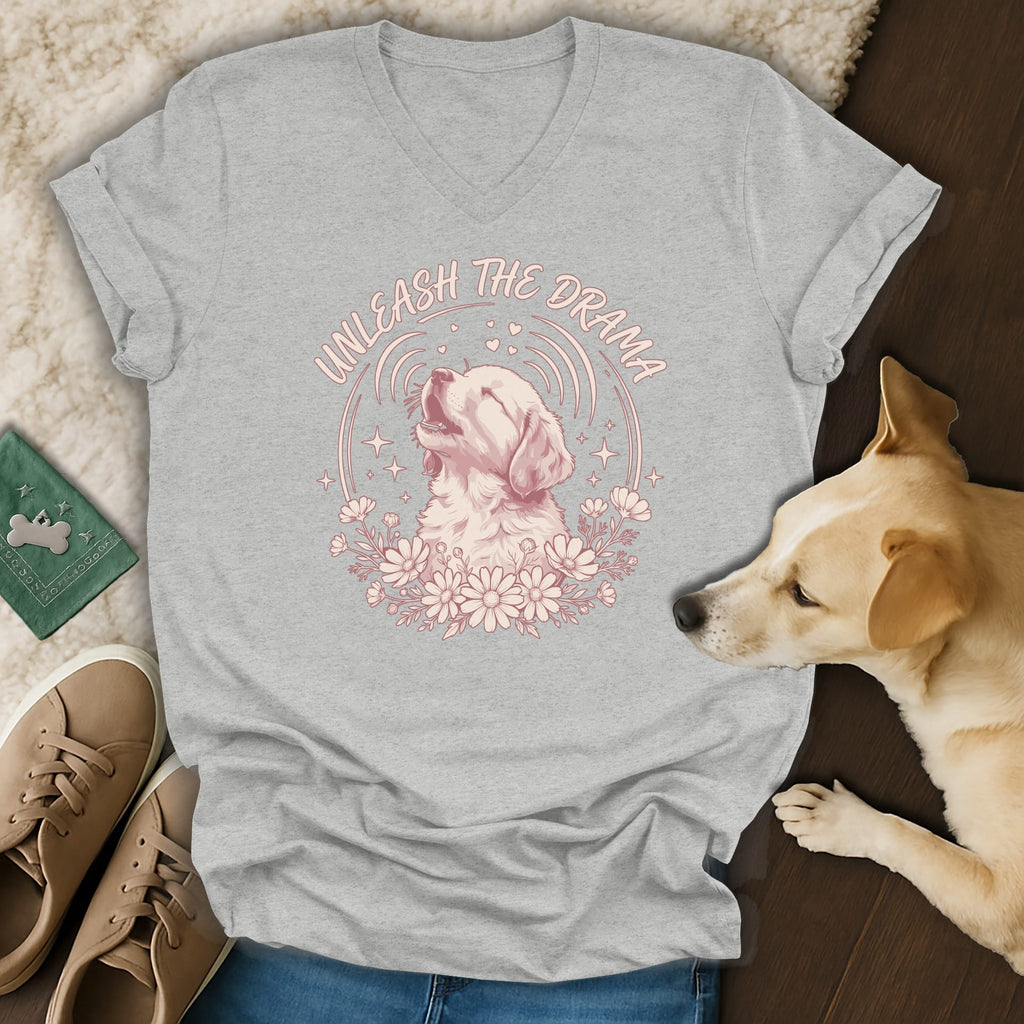 Grey t-shirt with "Unleash the Drama" text and a dog illustration.