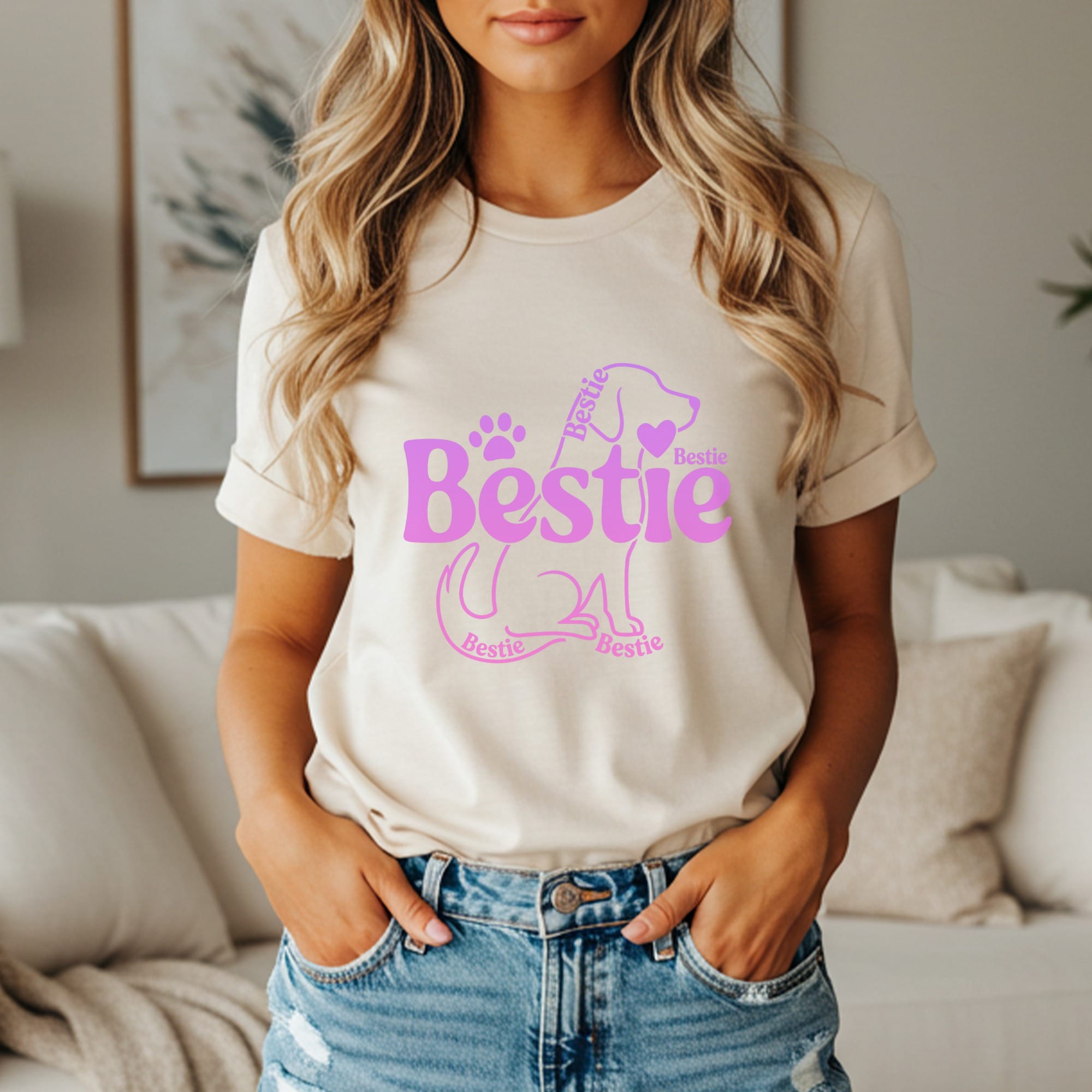 Cream t-shirt with "Bestie" text and paw print graphic.