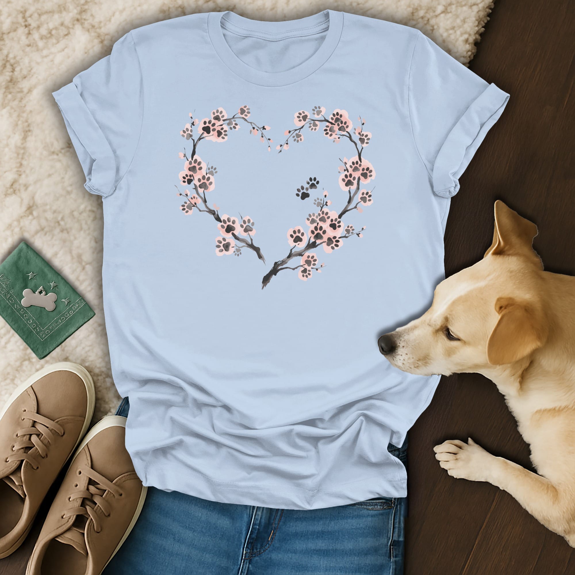 Light blue t-shirt with a heart-shaped floral design featuring paw prints.
