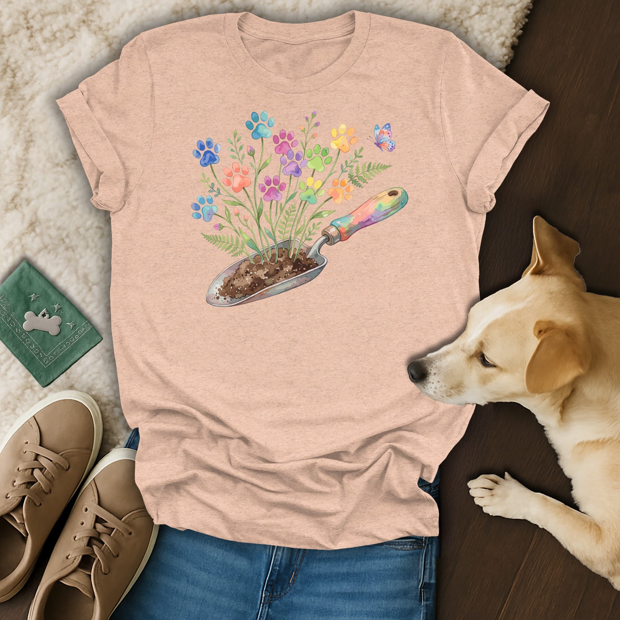 Peach t-shirt with colorful paw print flowers and a rainbow gardening trowel design.