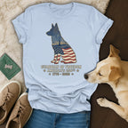 T-shirt with German Shepherd silhouette filled with American flag and fireworks, text "GUARDIAN OF FREEDOM"