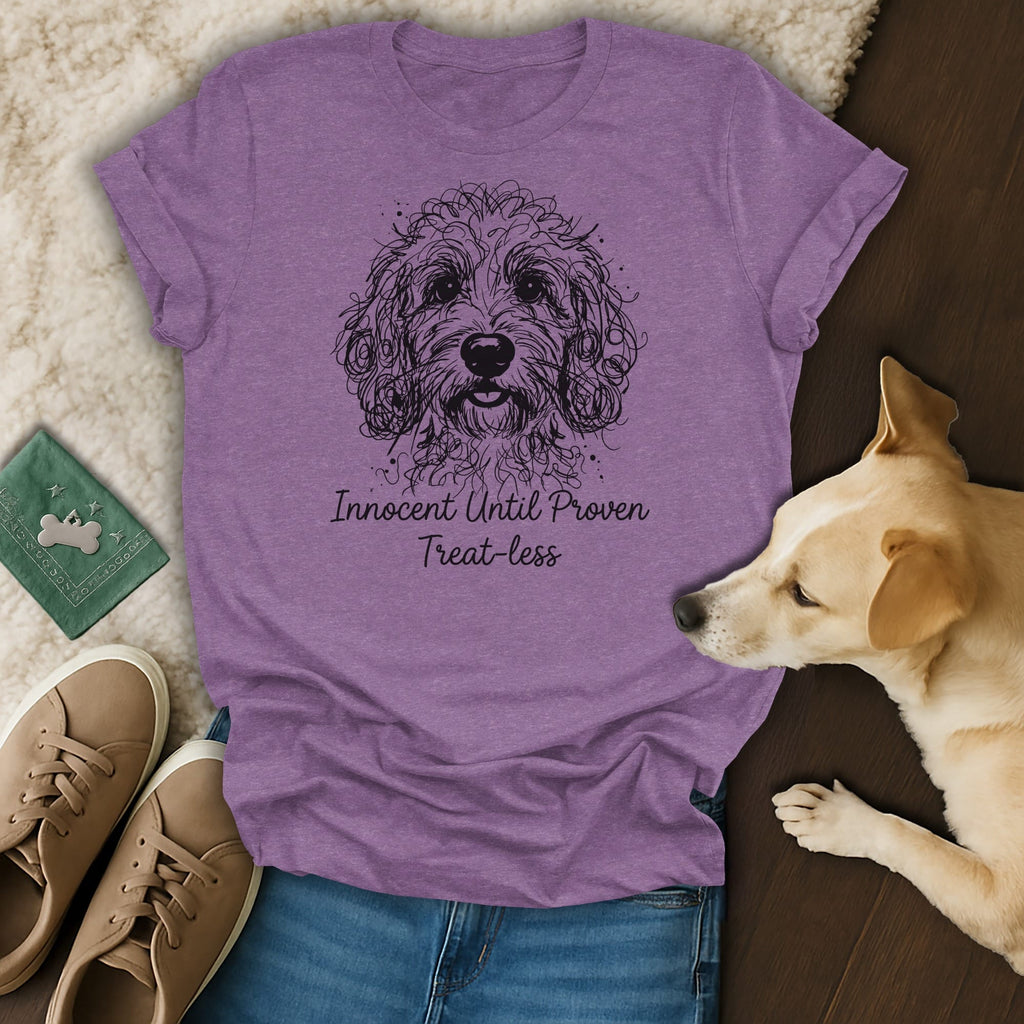 Purple t-shirt with a doodle dog graphic and text "Innocent Until Proven Treat-less".