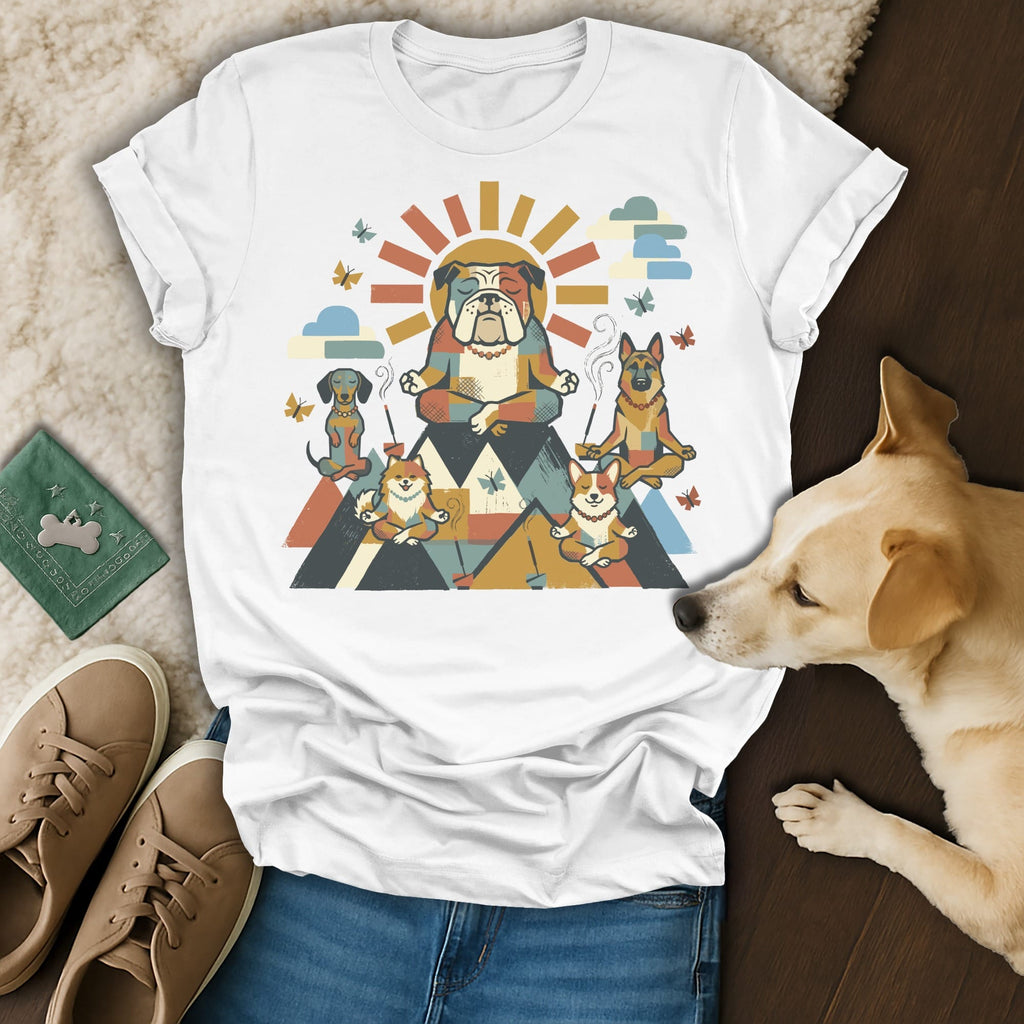 Zen dogs meditating in a mountain landscape on a white t-shirt.