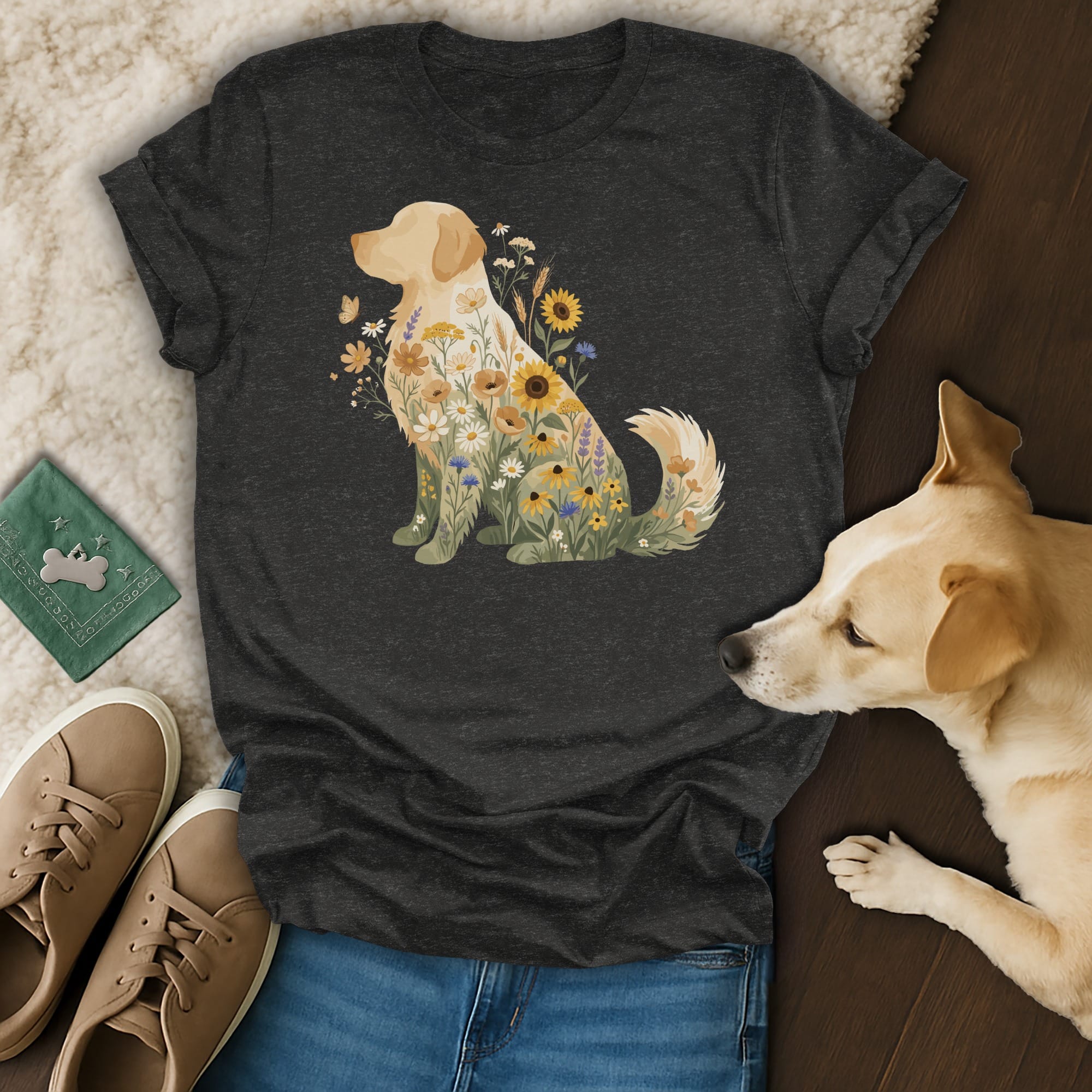 Dark grey t-shirt featuring a golden retriever made of wildflowers and butterflies.