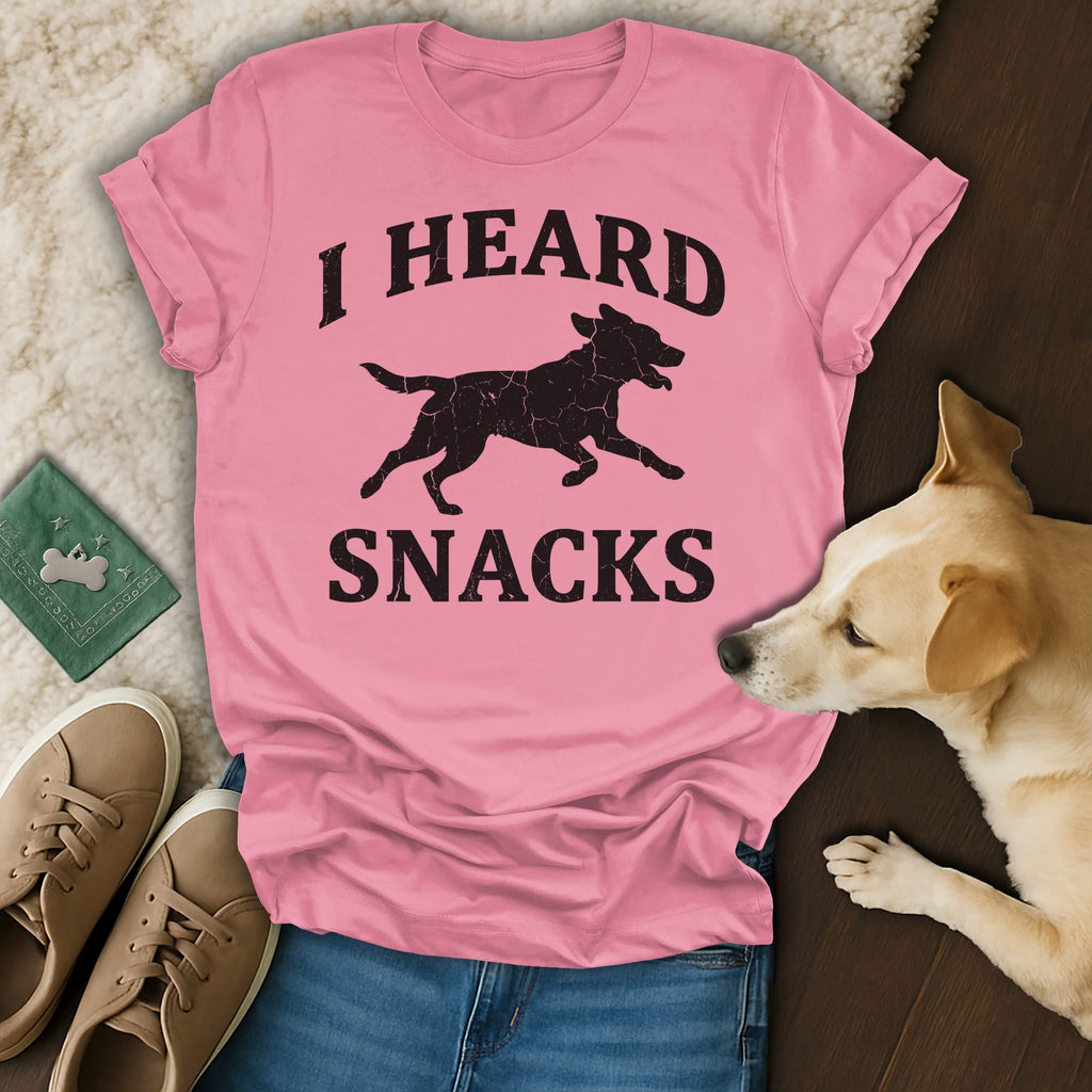Pink t-shirt with "I HEARD SNACKS" and a running dog graphic.