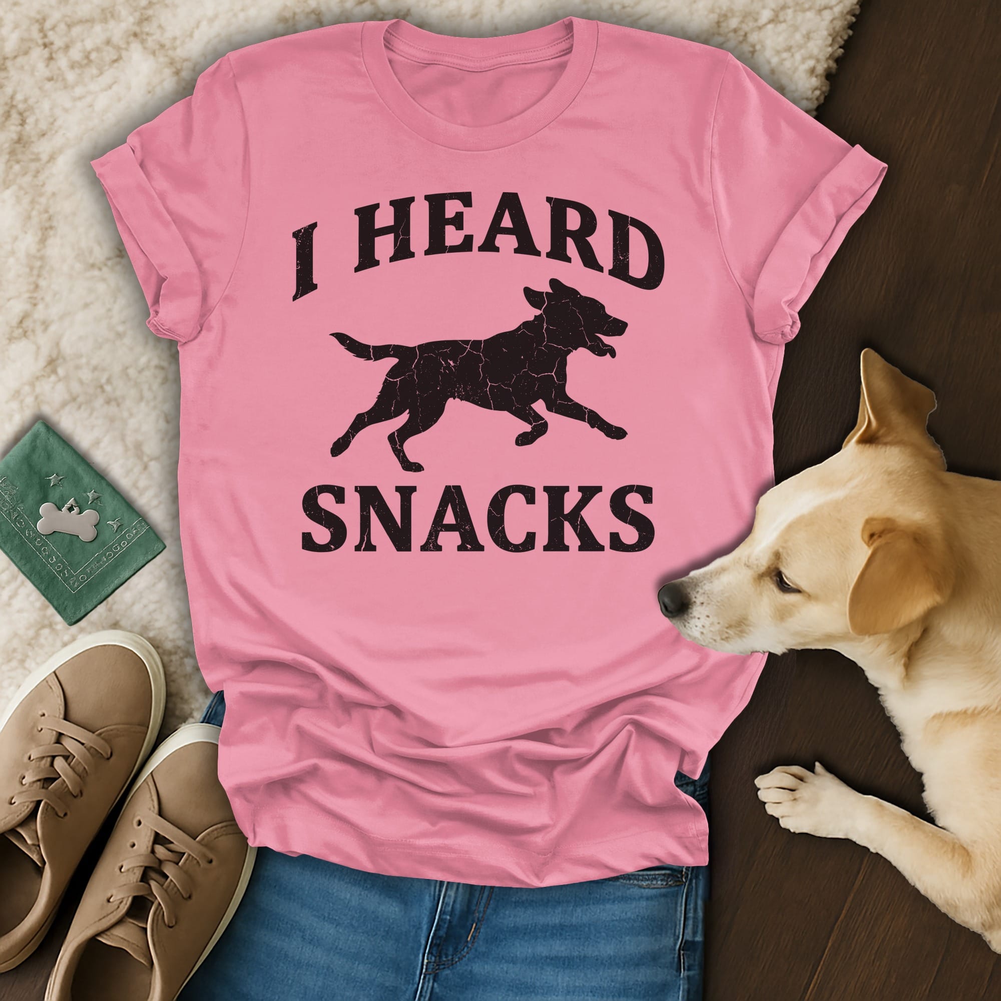 Pink t-shirt with "I HEARD SNACKS" and a running dog graphic.