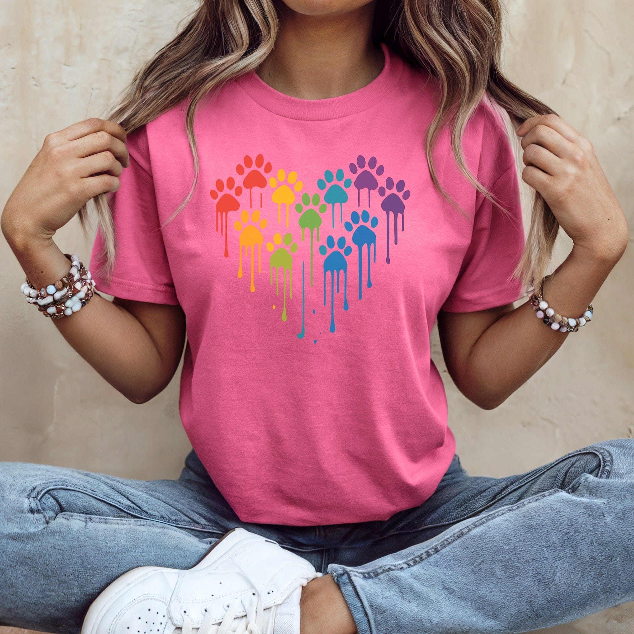 Colorful Paw Print Drip Heart Design T-Shirt for Pet Lovers