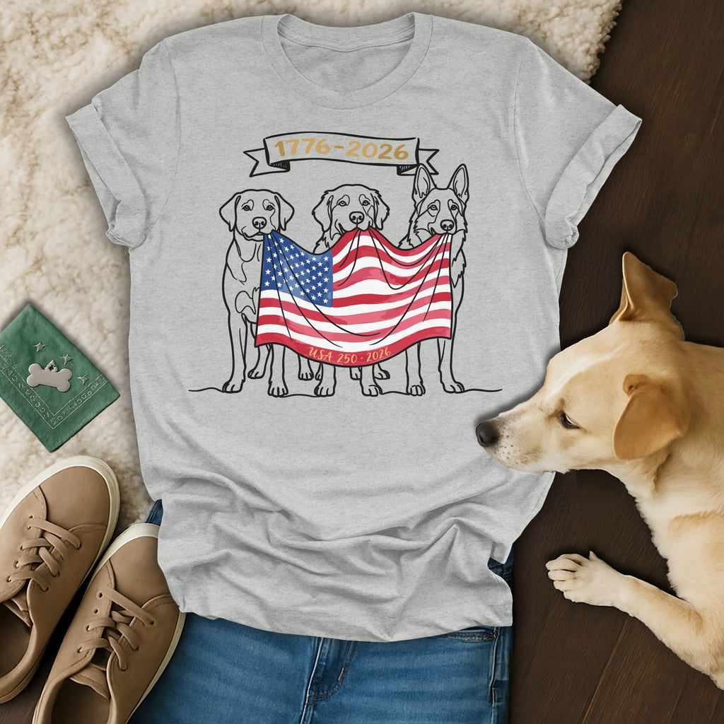 Three dogs hold an American flag; shirt text reads "1776-2026 USA 250".
