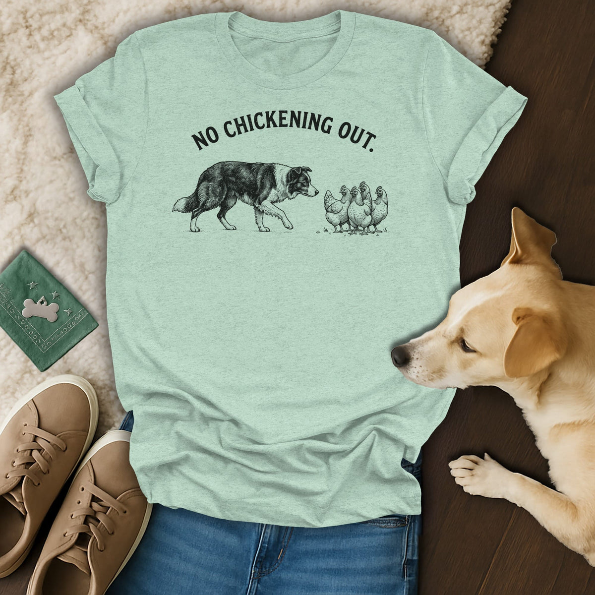 Light green t-shirt with illustration of dog facing chickens and text "NO CHICKENING OUT."