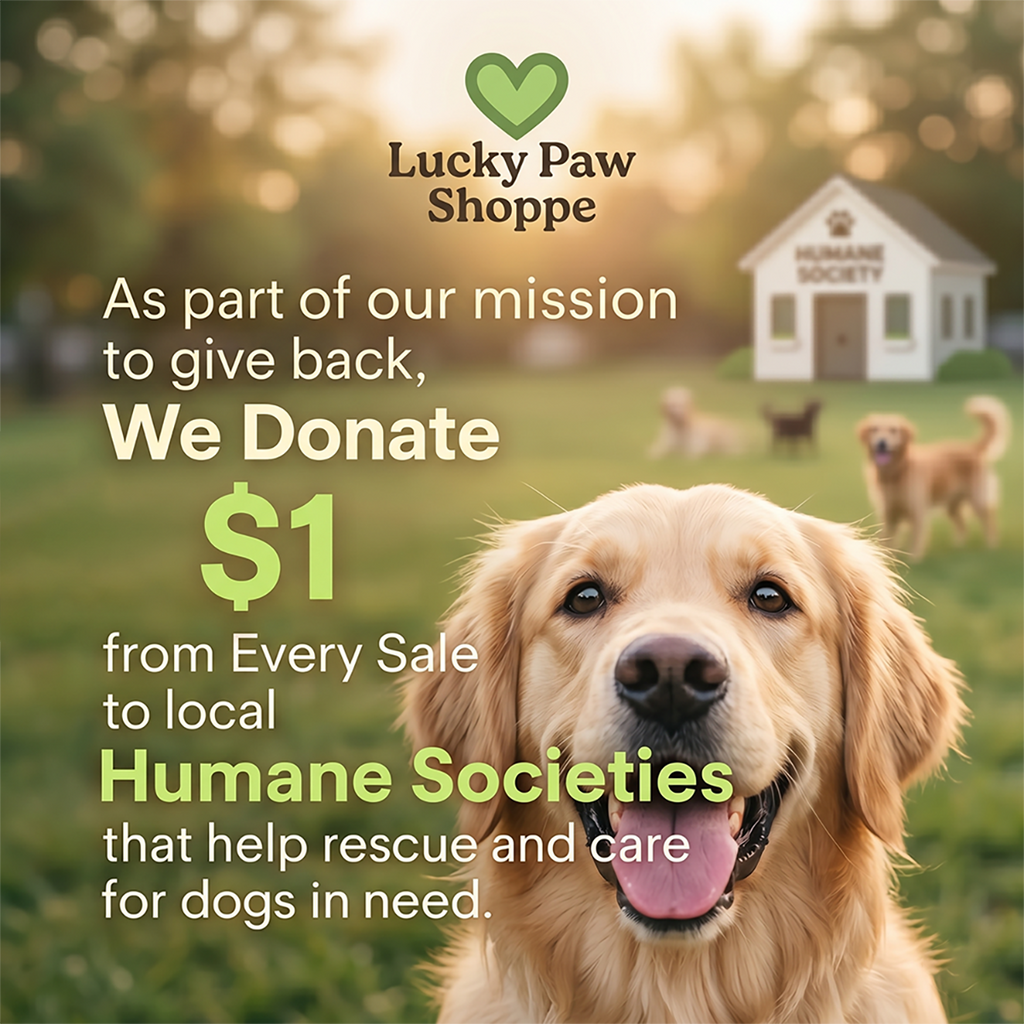 Lucky Paw Shoppe donation graphic showing a smiling golden retriever with text about supporting Humane Societies.