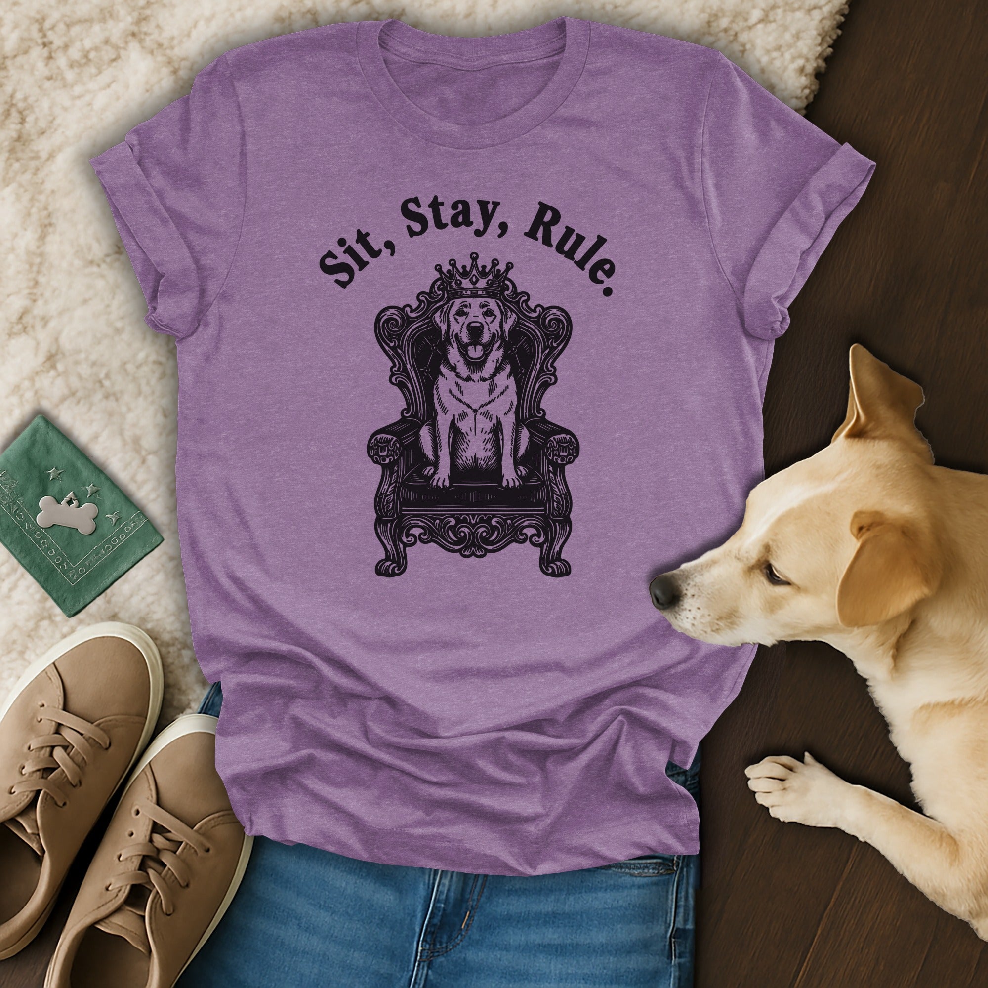 Sit Stay Rule Dog on Throne Design T-Shirt