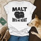 White t-shirt with "Malt Into My Heart" text and a Pekingese dog graphic.