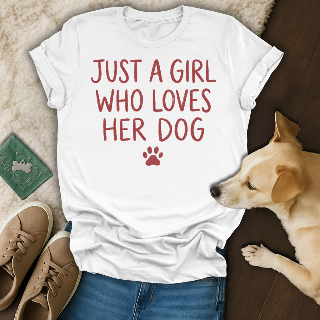 White t-shirt with red text "JUST A GIRL WHO LOVES HER DOG" and paw print.