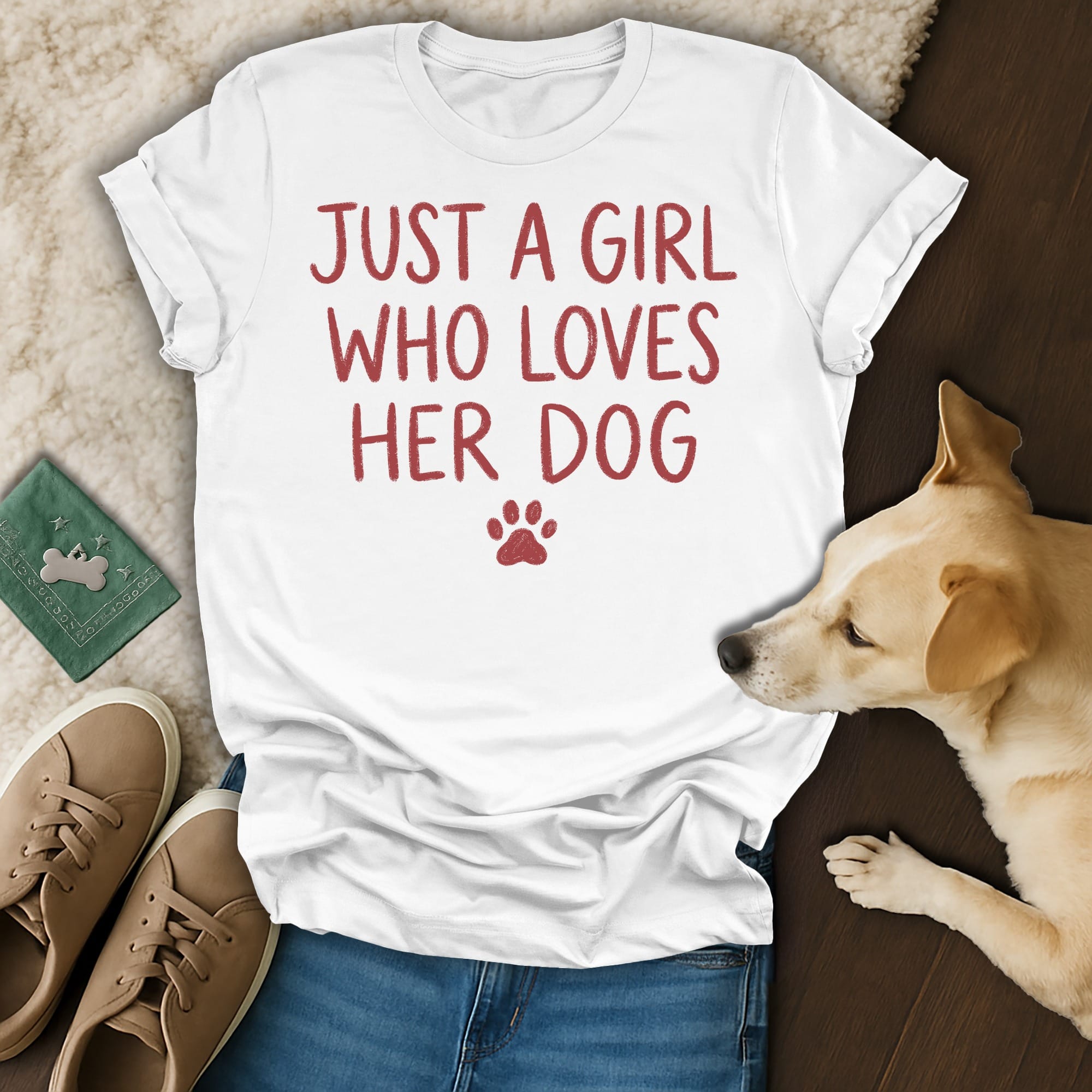White t-shirt with red text "JUST A GIRL WHO LOVES HER DOG" and paw print.