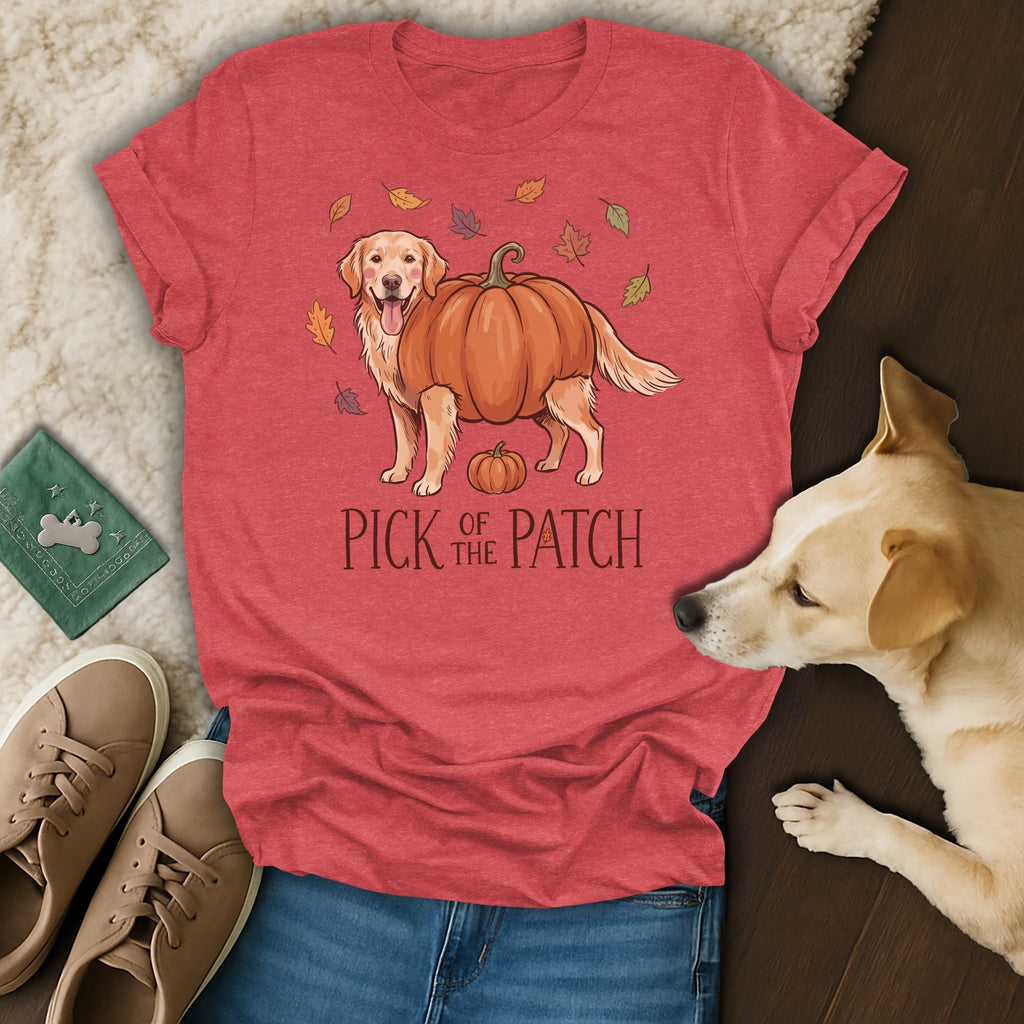 Red t-shirt with a golden retriever in a pumpkin and the text "Pick of the Patch".