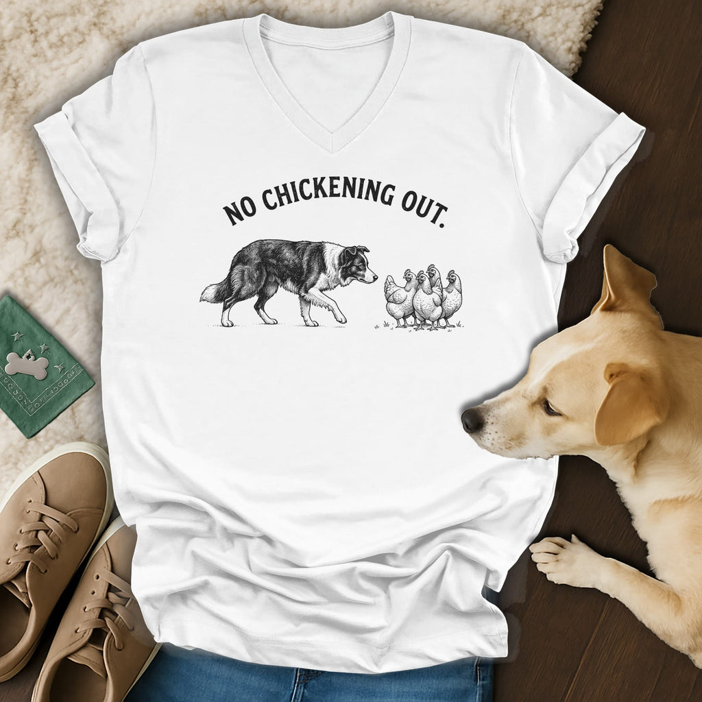 White t-shirt with "NO CHICKENING OUT" text and dog and chickens illustration.