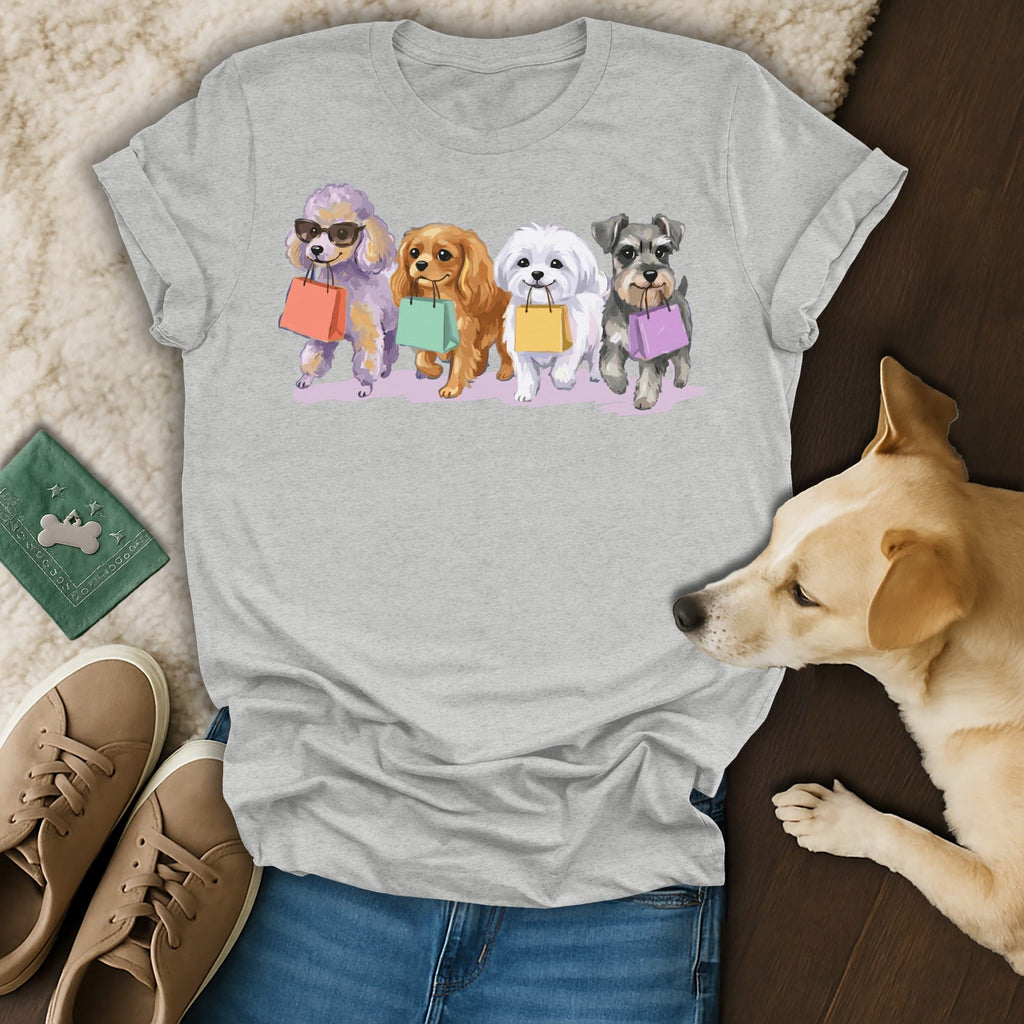 Four dogs in sunglasses holding shopping bags, wearing t-shirts.