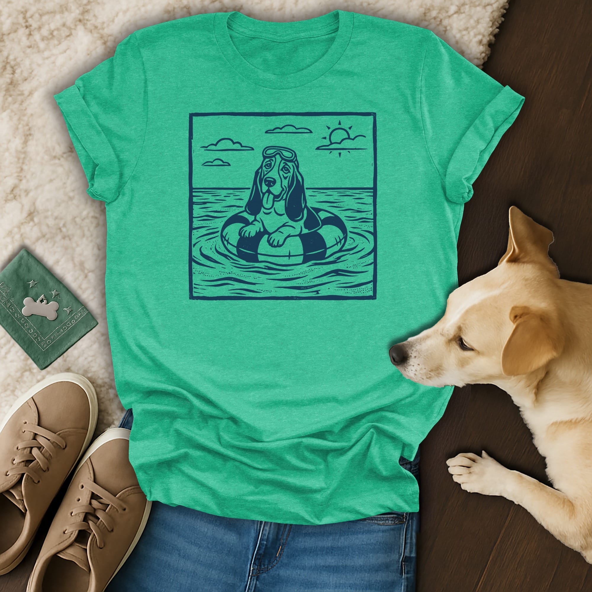 Basset hound wearing goggles floats on an inner tube in water.