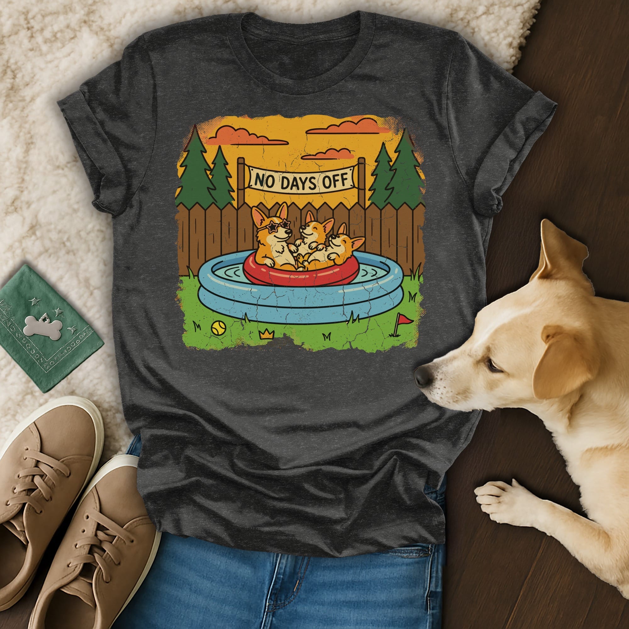 Three corgis relax in a kiddie pool with "No Days Off" text.