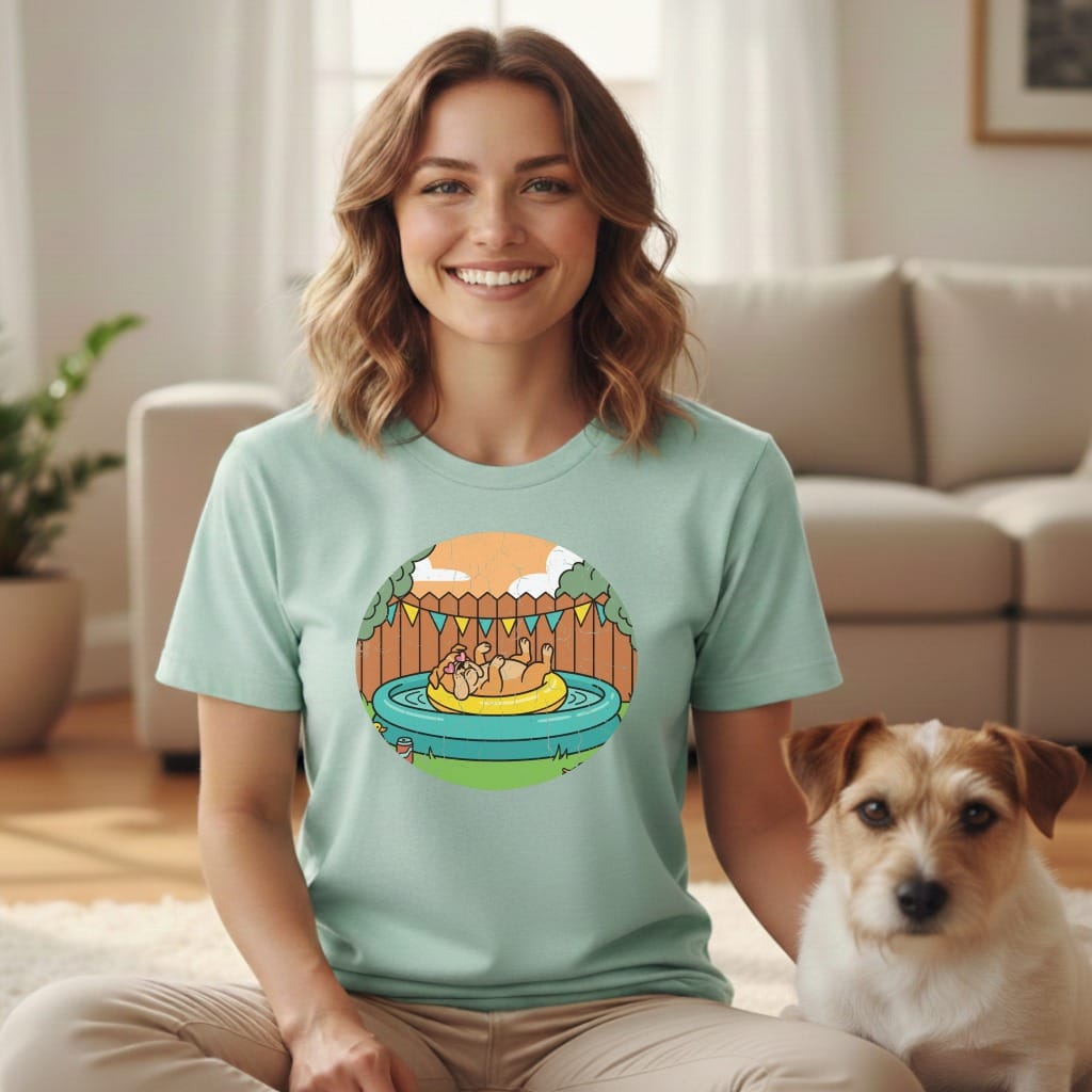 Woman in light blue t-shirt with illustration of dog in kiddie pool.