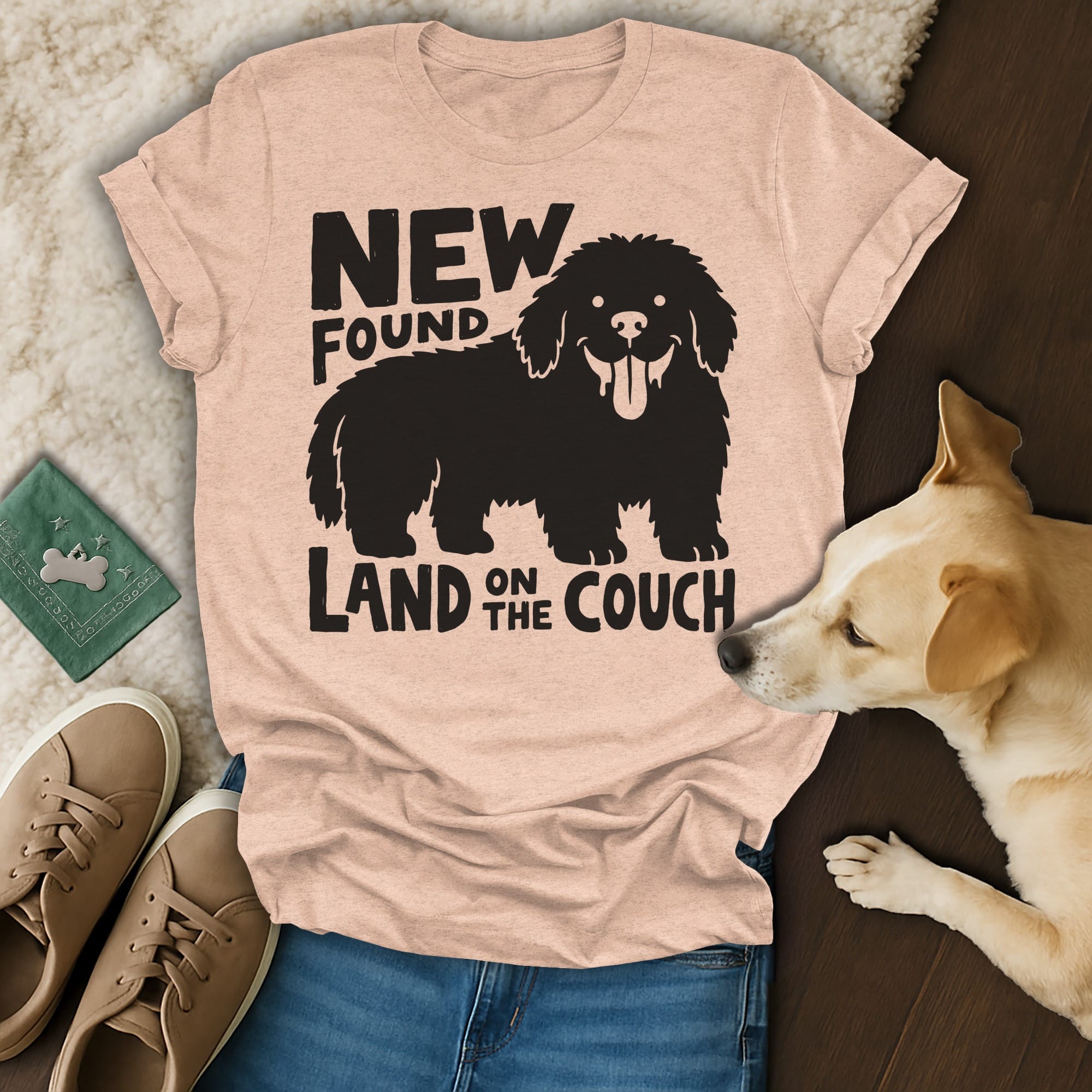 Black silhouette of a shaggy dog on a peach t-shirt with text "NEW FOUND LAND ON THE COUCH".