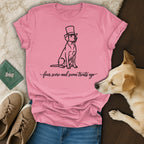 Labrador wearing a top hat with "four score and seven treats ago" text.