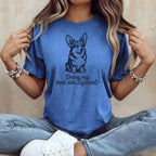 Blue t-shirt with a cartoon corgi and text "Doing my best-ish... Squirrel!".