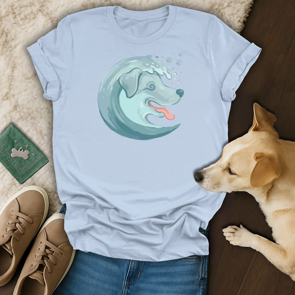 Light blue t-shirt with a stylized wave dog graphic and paw prints.