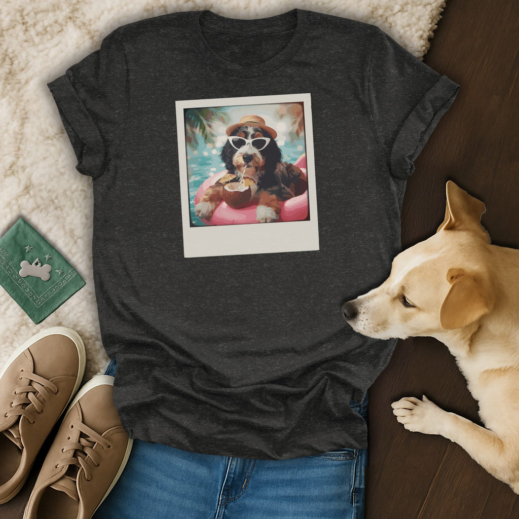 Dark grey t-shirt with a polaroid of a dog in sunglasses and hat on a float