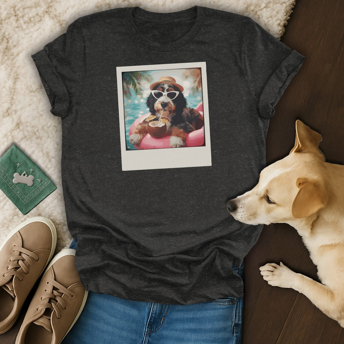 Dark grey t-shirt with a polaroid of a dog in sunglasses and hat on a float