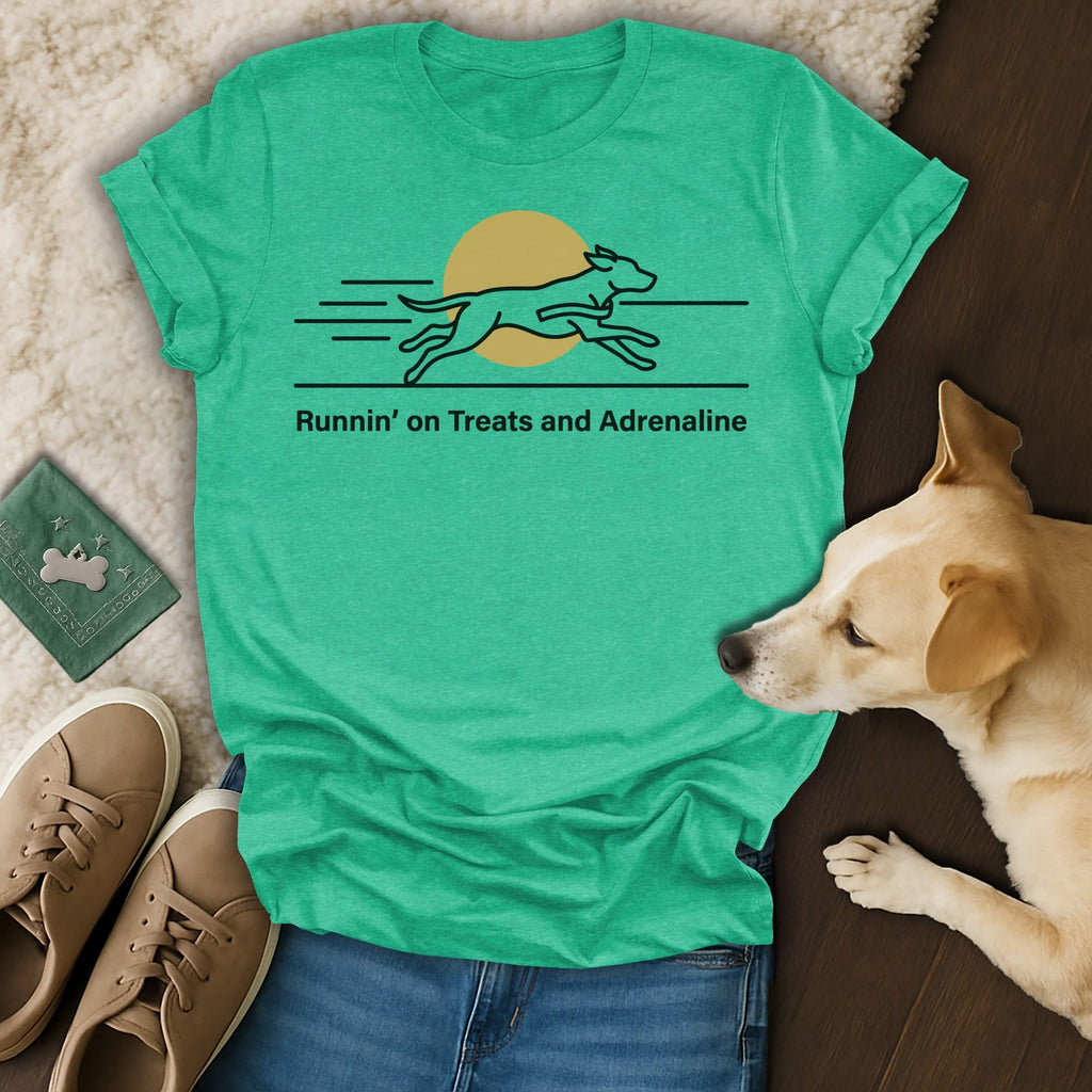 Green t-shirt with a running dog graphic and "Runnin' on Treats and Adrenaline" text.