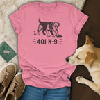 Pink t-shirt with a dog digging and the text "401 K-9."
