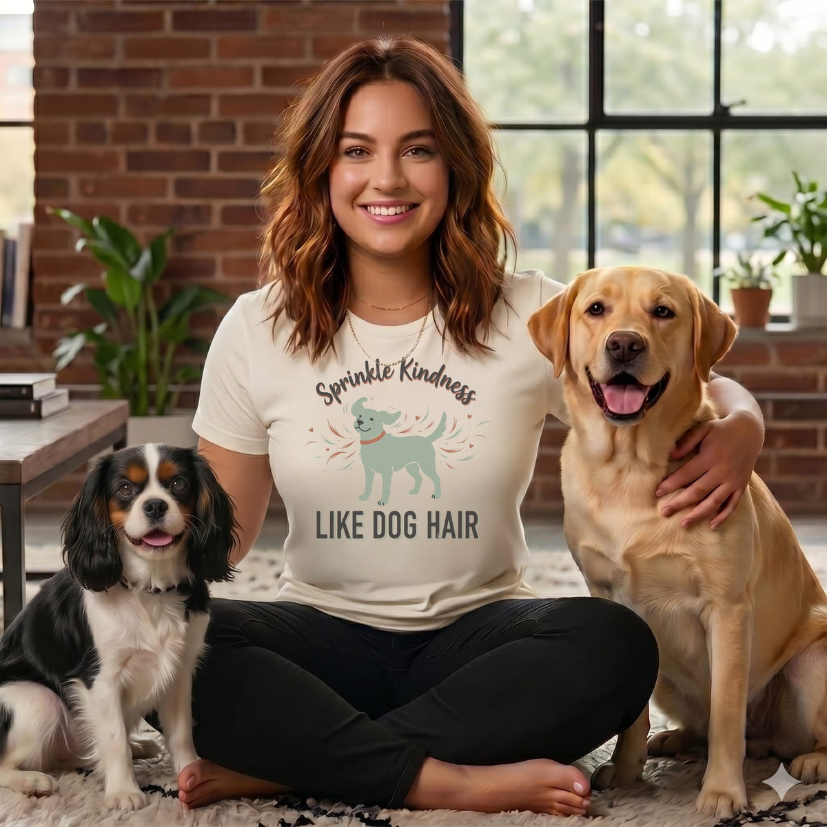Woman in t-shirt with "Like Dog Hair" text sitting with a golden retriever and a King Charles Spaniel.