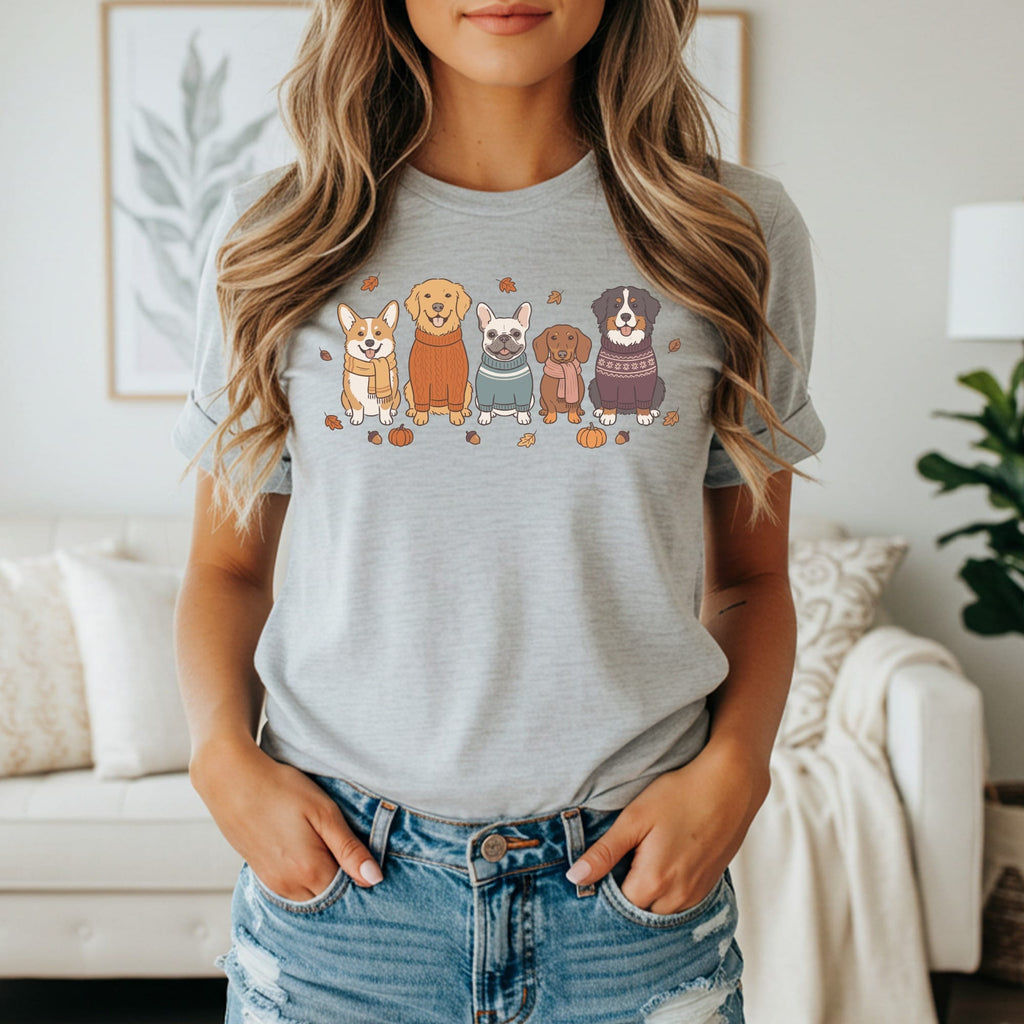 Lineup of five cartoon dogs in sweaters and scarves with autumn leaves and pumpkins.