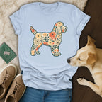 Floral Dog Illustration Light Blue Tee Shirt
