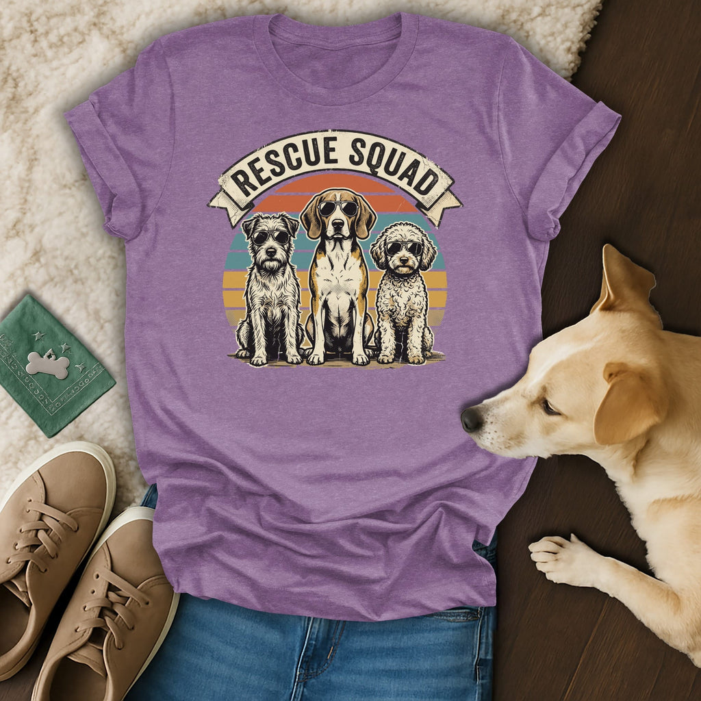 T-shirt with "Rescue Squad" text and three dogs: a beagle, a poodle, and a terrier.