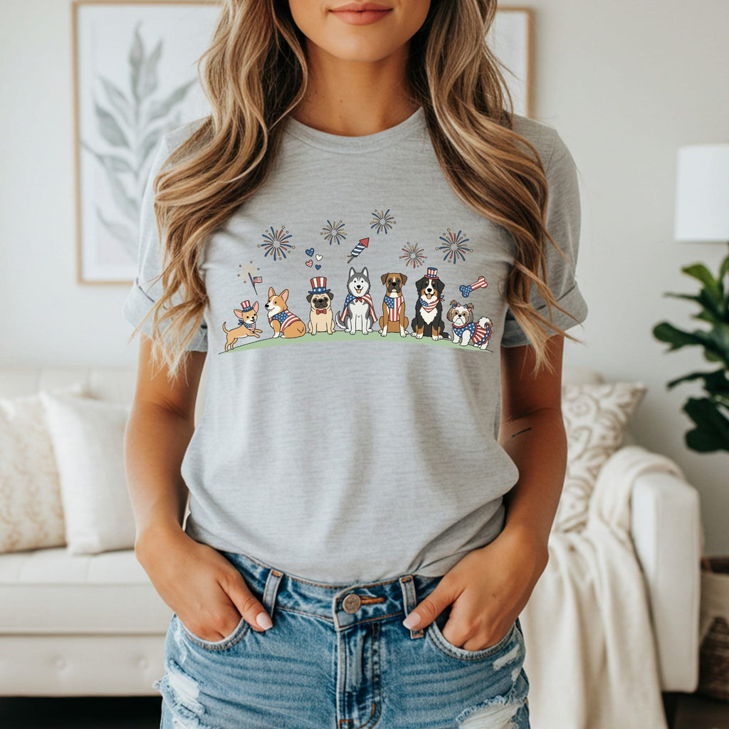 Dogs in patriotic costumes with fireworks and sparklers on a grey t-shirt.