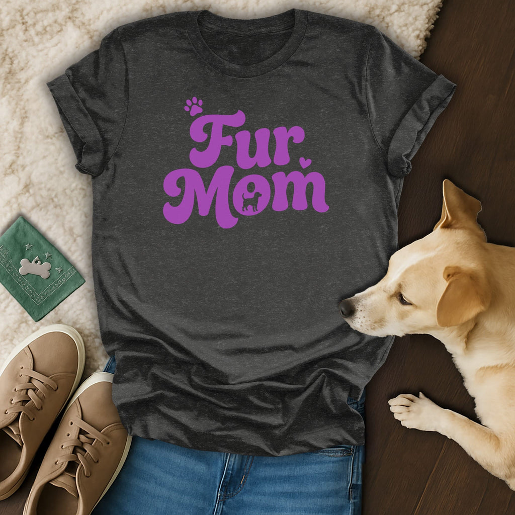 Dark grey t-shirt with "Fur Mom" and dog graphic in purple.