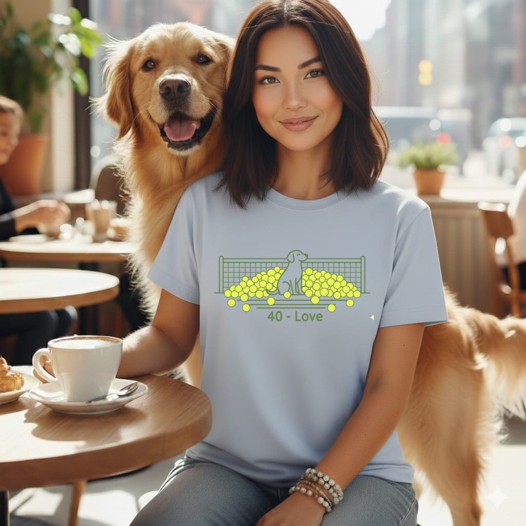 Woman with golden retriever wearing t-shirt with tennis balls and "40 - LOVE" text.