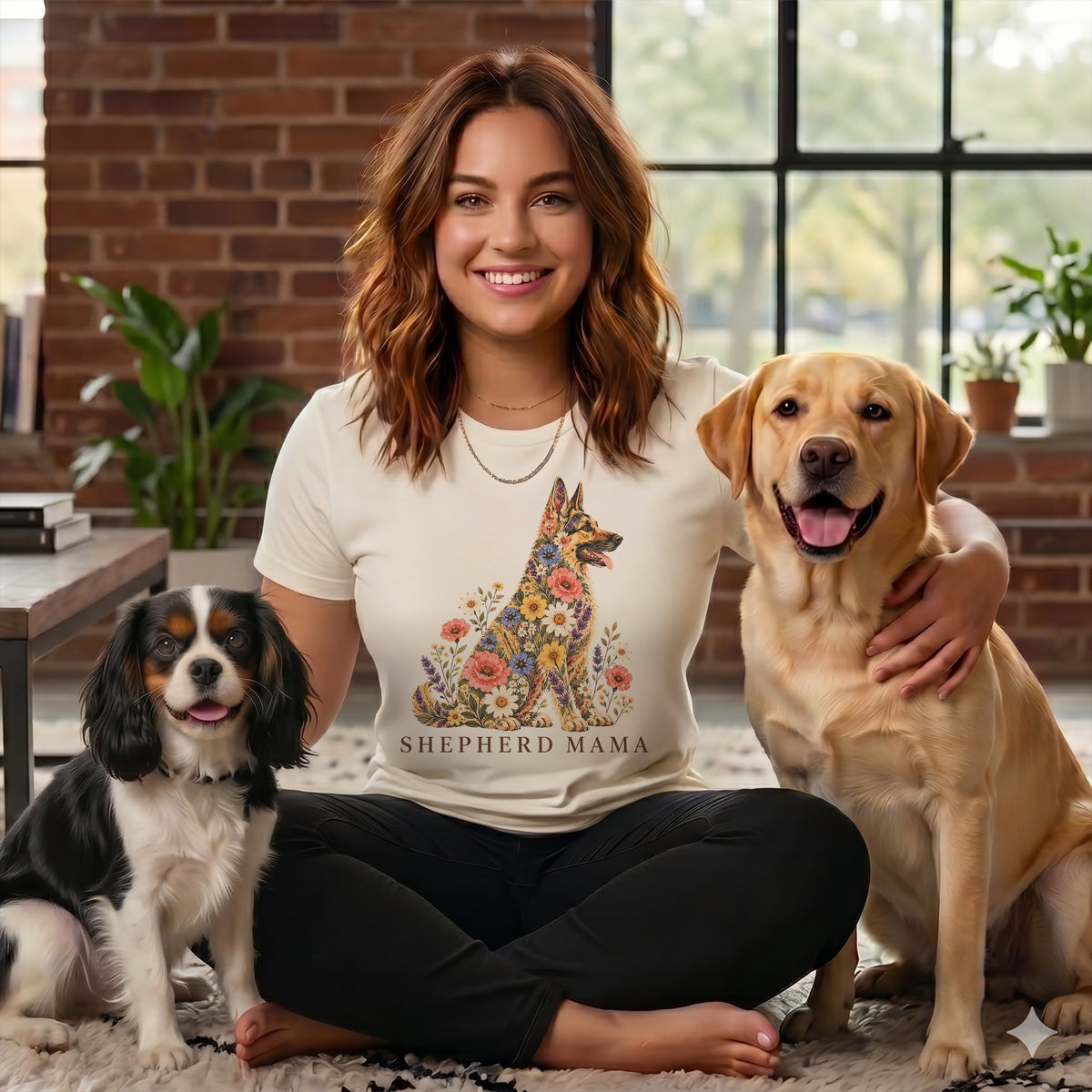 A smiling woman wearing a floral German Shepherd t-shirt sits crossed-legged between two dogs.
