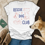 White t-shirt with "Rescue Dog Club" and line drawings of dogs, with "adopt don't shop".